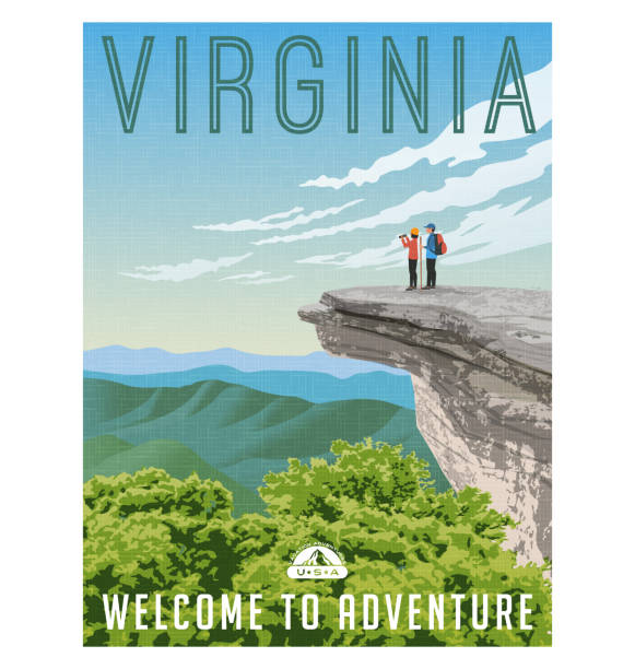 Virginia, United States retro style travel poster or sticker. Appalachian Trail. Virginia, United States retro style travel poster or sticker. Scenic view from rocky cliff on the Appalachian Trail. cliffs stock illustrations