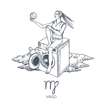 Virgo zodiac sign. The girl is sitting on the washing machine. Astrology.