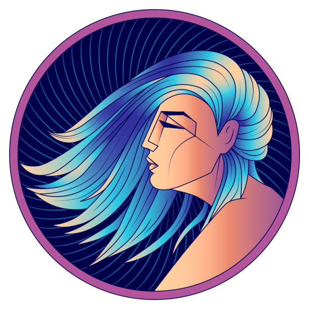 Virgo zodiac sign, woman with blue hair, vector Virgo zodiac sign, horoscope, astrological symbol. Futuristic style icon. Stylized graphic  profile portrait of the young beautiful woman with long, straight blue hair flowing in the wind. Vector art. virgo stock illustrations