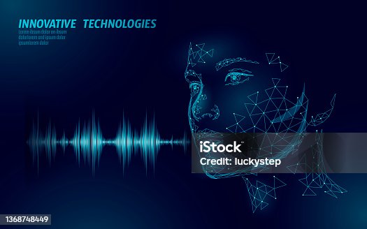 istock Virtual assistant voice recognition service technology. AI artificial intelligence robot support. Chatbot beautiful female face low poly vector illustration 1368748449