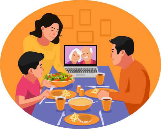 Virtual iftar dinner with family elders during Ramadan. Ramadan in the time of corona. Happy family having dinner together. Video chat with family elders during dinner. Iftar eating after fasting. Stay home covid-19 concept. dinner stock illustrations