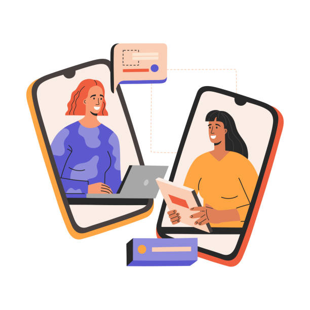Virtual job interview, two smiling woman have business meeting Virtual job interview, two smiling woman have business meeting, meeting by smartphone. Head hunter hiring, young employe in flat cartoon style, vector illustration, isolated in white background. interview stock illustrations