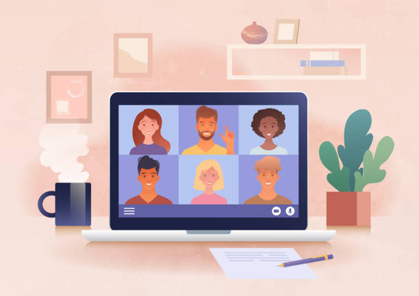 illustrations, cliparts, dessins animés et icônes de réunion virtuelle par vidéoconférence à l’aide d’un ordinateur portable discutant avec des collègues au bureau à domicile - télétravail