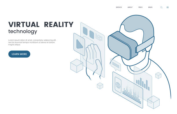 ilustrações de stock, clip art, desenhos animados e ícones de virtual reality and augmented reality vector illustration. man with vr glasses experiencing user interface. isometric outline style. the future of information and entertainment technology. eps 10. - vr glasses