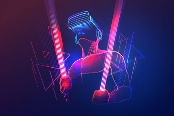 Virtual reality gaming. Man wearing vr headset and using light saber in abstract digital world with neon lines. Vector illustration Man uses virtual reality glasses and holds a lightsaber in his hands virtual reality stock illustrations