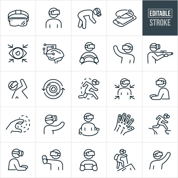 Virtual Reality Thin Line Icons - Editable Stroke A set of virtual reality icons that include editable strokes or outlines using the EPS vector file. The icons include a virtual reality headset, person wearing a virtual reality headset, VR, virtual reality, virtual reality on mobile phone, eye, brain, driving simulator, gun, person playing games, camera lens, gaming, controller, simulation, augmented reality, entertainment, technology, simulated reality, VR headset and other related icons. vr stock illustrations