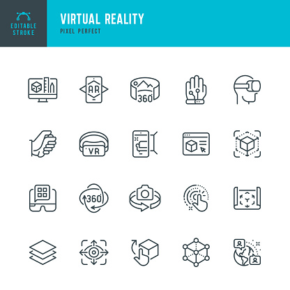 Virtual Reality - thin line vector icon set. 20 linear icon. Pixel perfect. Editable outline stroke. The set contains icons: Virtual Reality, Augmented Reality, Smart Glasses, Interactivity, Metaverse, 360-Degree View, Interactive Education.