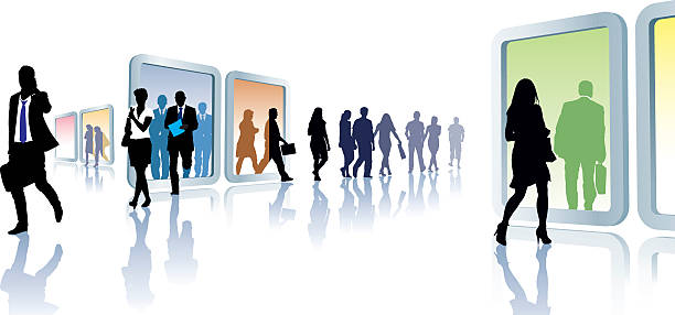 Virtual travel Crowd of people in virtual travel, from portal to portal. door silhouettes stock illustrations