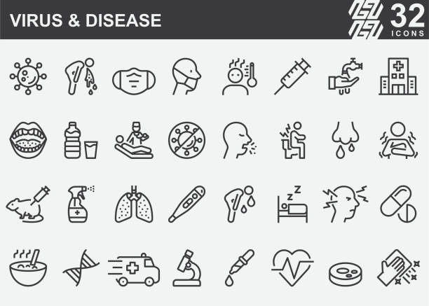 illustrations, cliparts, dessins animés et icônes de icônes de ligne de virus et de maladies - covid 19 vaccin