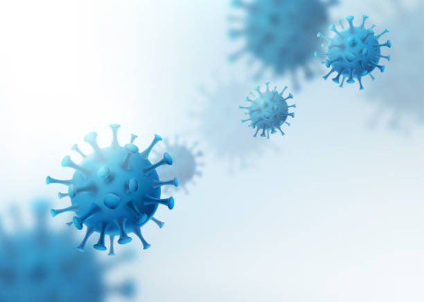 바이러스, 박테리아 벡터 배경. 코로나 바이러스 경고 패턴입니다. 사실적인 스타일의 배너, 포스터 또는 전단지용 미생물학 의료 모션 컨셉, 밝은 파란색 - 바이러스 stock illustrations