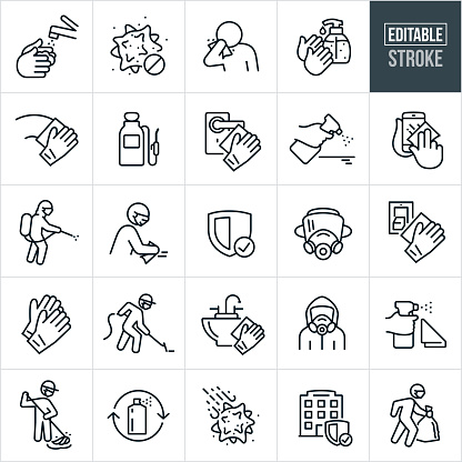 A set of virus disinfecting icons that include editable strokes or outlines using the EPS vector file. The icons specifically relate to disinfecting and decontamination to destroy the virus Covid-19. The icons include hand washing, tank sprayer, sick person with a virus sneezing, hands using hand sanitizer, gloved hand wiping, virus, gloved hand cleaning door handle, using a spray bottle on a hard surface, sanitizing smartphone, worker wearing a hazmat suit and spraying disinfectant, person wiping surface and wearing face mask, hazmat, gas mask, spray bottle with towel, rubber gloves, disposable gloves, cleaning staff cleaning floor while wearing mask, disinfecting sink, disinfecting light switch, janitor mopping and wearing mask, virus being destroyed, business facility with check-mark, person wearing face mask while taking out the trash and other related themed icons.