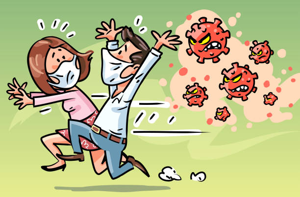 Vector illustration of a man and a woman with medical face masks running away from a dangerous virus. Concept for viral infections, flu virus, health crisis, micro organisms, infection, illness, Coronavirus, COVID-19, hysteria, pandemic, epidemic and panic.