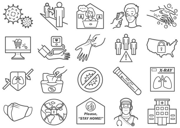 Virus Prevention 02 Line Icons Set There is a set of icons about virus and related stuffs in the style of Clip art. hand clipart stock illustrations