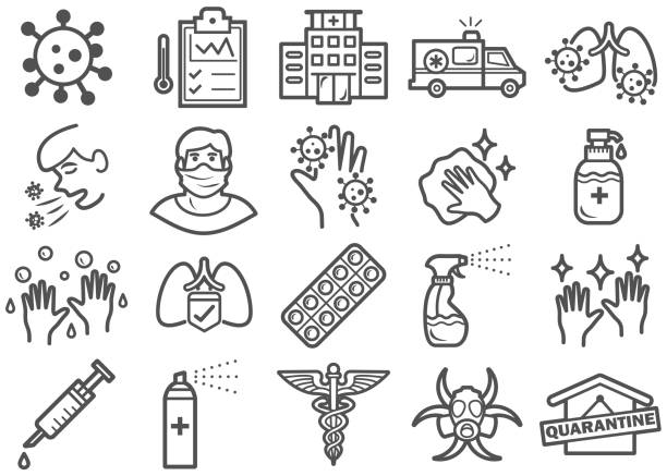 Virus Prevention Line Icons Set There is a set of icons about virus and related stuffs in the style of Clip art. hand clipart stock illustrations