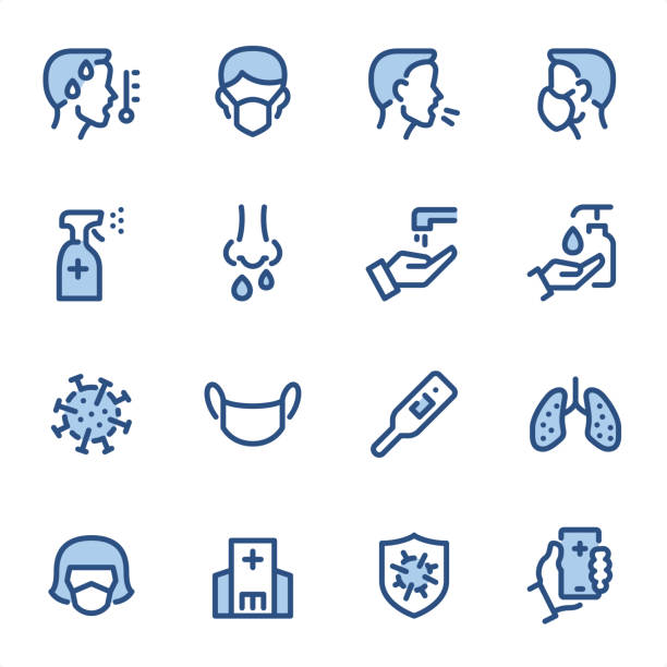 stockillustraties, clipart, cartoons en iconen met virus preventie - pixel perfect blauwe lijn pictogrammen - hoesten