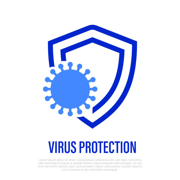 Virus protection: immunity is attacked by bacteria. Thin line icon. Healthcare and medical vector illustration.  immunology stock illustrations