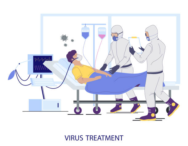 Virus treatment in hospital ICU room concept vector flat illustration Virus treatment concept vector flat illustration. Doctors in full hazmat suits providing medical help in hospital ICU room to patient suffering severe acute respiratory corona virus disease COVID-19. patient in hospital bed stock illustrations