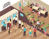 Visa center interior with people in waiting hall isometric vector illustration