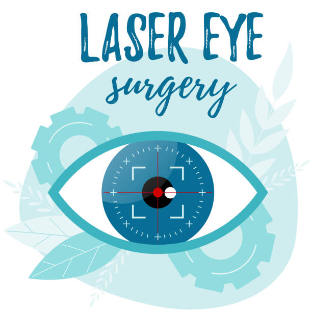 Vision correction by a laser beam. Eye surgery. Ophthalmologist vector illustration. Vision correction by a laser beam. Eye surgery. Ophthalmologist vector illustration.  Vector flat concept eye doctor stock illustrations