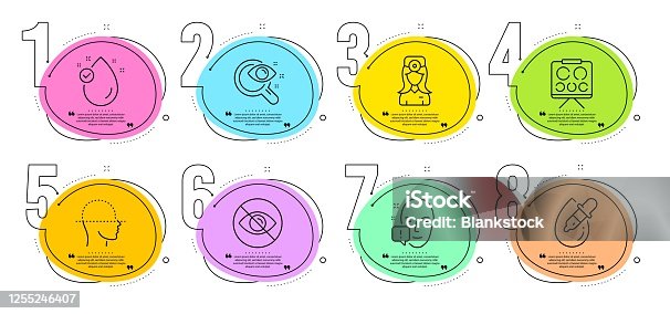 istock Vision test, Oculist doctor and Not looking icons set. Vision board, Face scanning and Eye drops signs. Vector 1255246407