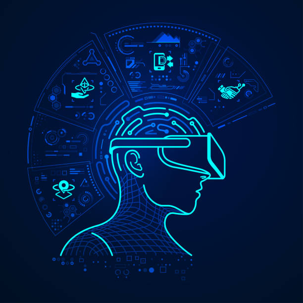 vissionHead concept of virtual reality technology, graphic of a user wearing VR head-mounted with Metaverse interface metaverse stock illustrations