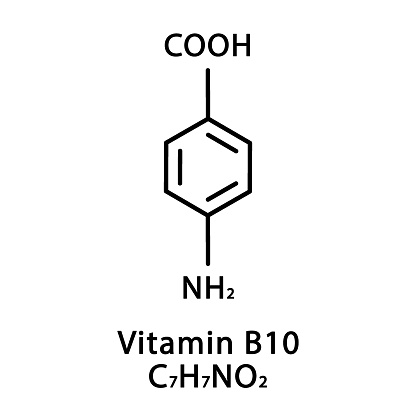 ビタミンB10 4-アミノ安息香酸分子構造。ビタミンB10 4-アミノ安息香酸骨格化学式。化学分子式 - イラスト素材...