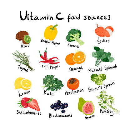 Vitamin C food sources information banner vector illustration.