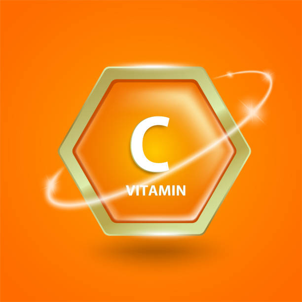 ilustraciones, imágenes clip art, dibujos animados e iconos de stock de etiqueta del logotipo hexagonal de vitamina c con luz que gira alrededor para diseñar anuncios de alimentos - vitaminas