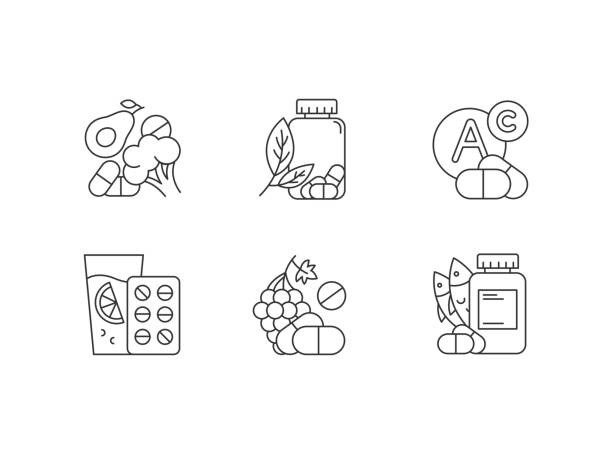 Vitamin intake linear icons set. Vegetables and fruits for healthcare. Pharmaceutical aid. Thin line contour symbols. Isolated vector outline illustrations. Editable stroke. Perfect pixel  simple fish drawings stock illustrations