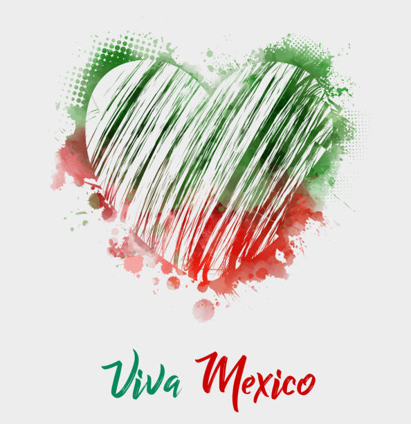 Viva Mexico abstract flag Viva Mexico - abstract painted watercolor splashes heart in Mexico flag colors. Holiday background template viva mexico stock illustrations