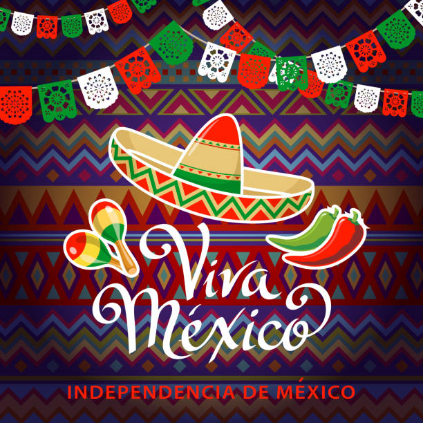 Viva Mexico Independence Celebration Celebrate Independence Day in Mexico with sombrero, maracas, papel picado, cactus and peppers on the folk art pattern for the fiesta mexican independence day stock illustrations