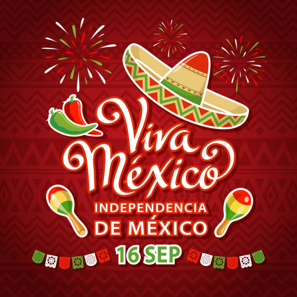 Viva Mexico Independence Celebration Celebrate Independence Day in Mexico with with sombrero, maracas, peppers, papel picado and fireworks on the red folk art pattern on September 16 for the fiesta viva mexico stock illustrations
