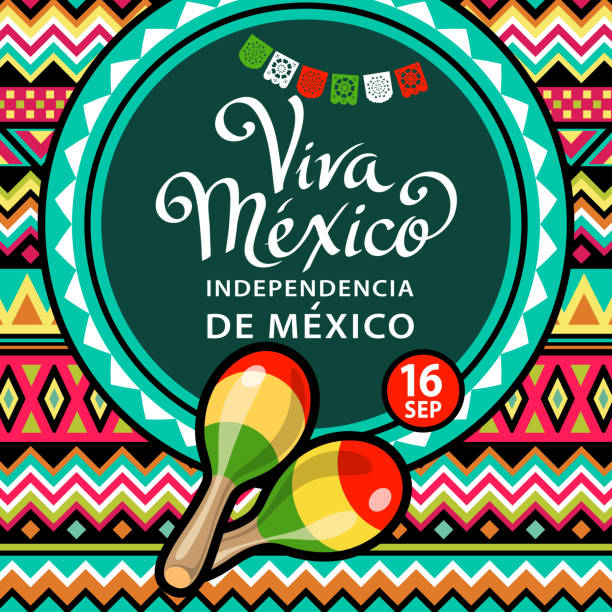 Viva Mexico Independence Celebration Celebrate Independence Day in Mexico with maracas and papel picado on the background of colorful folk art pattern on September 16 for the fiesta mexican independence day stock illustrations