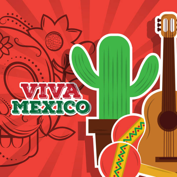 viva mexico traditional card viva mexico potted cactus maracas guitar skull background vector illustration viva mexico stock illustrations