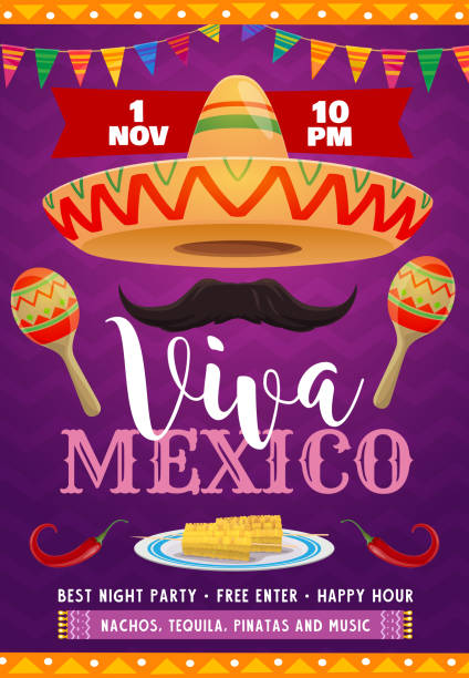 Viva Mexico vector flyer with mexican symbols Viva Mexico vector flyer with mexican sombrero, mustaches and maracas. Flag garlands, red jalapeno and corn. Invitation for festival of traditional music and food, Mexico holiday party cartoon poster viva mexico stock illustrations