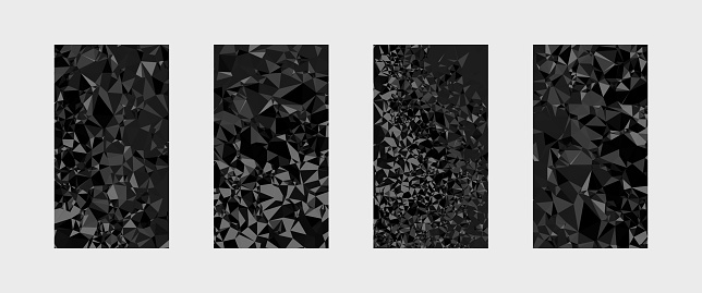 Vivid black graphic cover layout. Set of 4 designs. Low poly crystal texture patterns