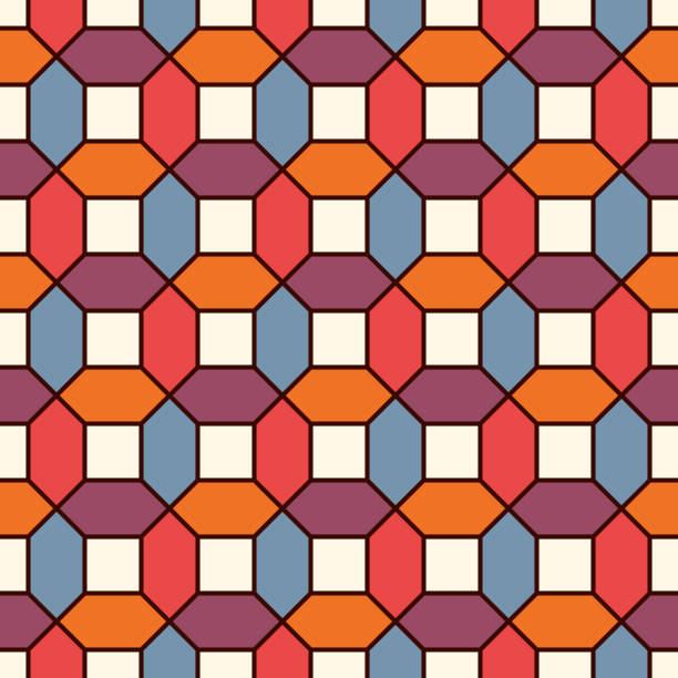 Vivid colors repeated hexagon tiles mosaic wallpaper. Seamless surface pattern with bright contemporary geometric print. Vivid colors repeated hexagon tiles mosaic wallpaper. Seamless surface pattern with geometric ornament. Bright contemporary print. Checkered background. Vector art tessellation stock illustrations