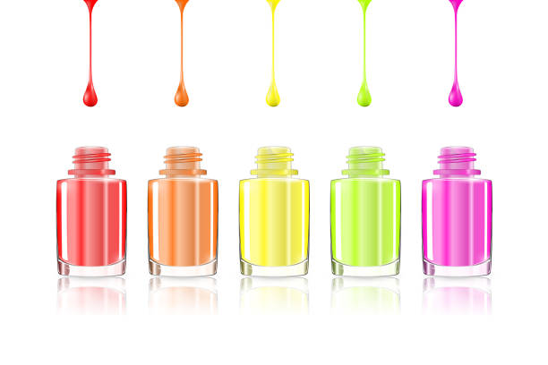 stockillustraties, clipart, cartoons en iconen met vivid rainbow nail polish bottles. multicolored drips isolated. - nail polish bottle close up