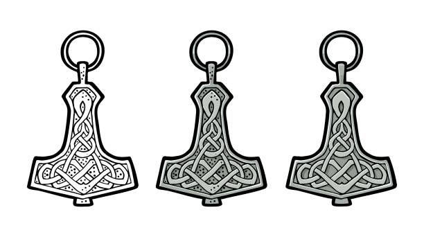Vking hammer thor amulet with runes. Vintage vector color engraving Vking hammer thor amulet with runes. Vintage vector black and color engraving illustration. Isolated on white background. Hand drawn design element for poster, label, tattoo thor hammer stock illustrations