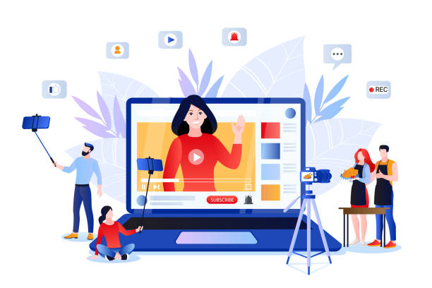 Vlog and video content creation for social networks. Vector illustration of lifestyle bloggers and influencers Vlog and trendy video content creation for social networks. Vector flat cartoon illustration of lifestyle bloggers and influencers. Internet media modern digital technology concept. influencer stock illustrations