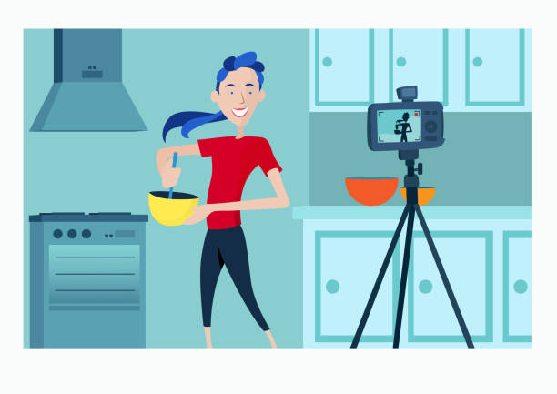 ilustrações de stock, clip art, desenhos animados e ícones de vlogging about food preparation - woman chopping vegetables