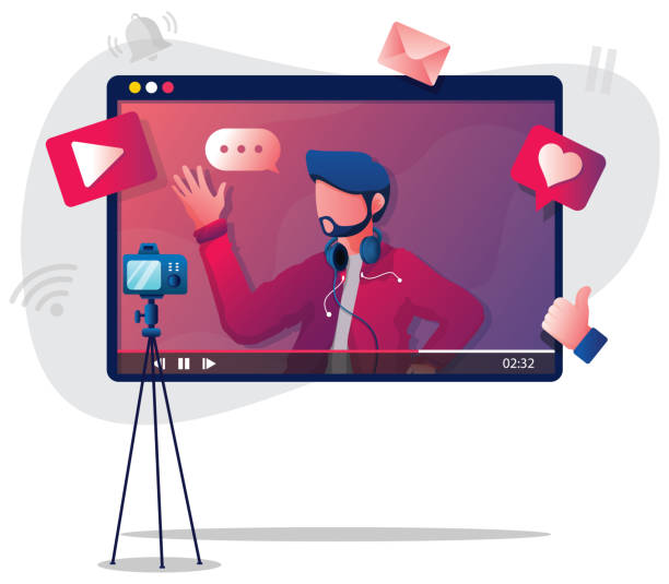 Vlogging Man Illustration Flat design illustration with male vlogger or influencer, recording new video. live streaming illustrations stock illustrations