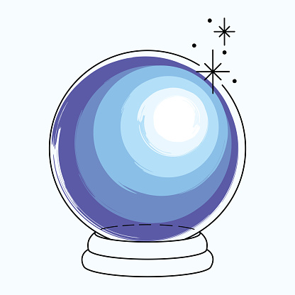 vMinimalistic illustration of a magic ball for divination. Line art with blue spots