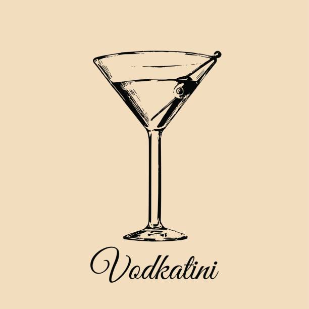 Vodkatini glass isolated. Hand drawn sketch of traditional cocktail with olive for restaurant, bar, cafe menu design. Vodkatini glass isolated. Hand drawn sketch of traditional cocktail with olive for restaurant, bar, cafe menu design vermouth stock illustrations