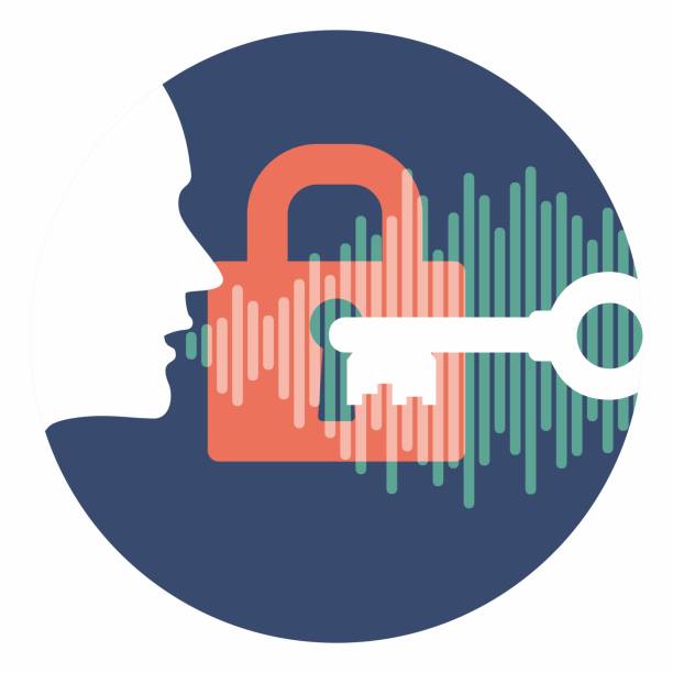 voice id security vector logo profile head speaking password with lock key and soundwave in circle. system security logo in light version vector art illustration