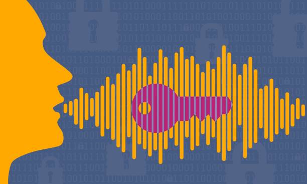 voice ID technology illustration vector of head profile speaking password with magenta key in sound wave. voice activated biometric security in blue orange and purple vector art illustration