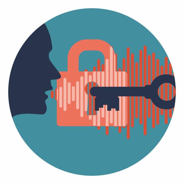 voice id vector symbol profile head speaks sound wave of key password over lock. mobile phone voice security system logo dark version vector art illustration