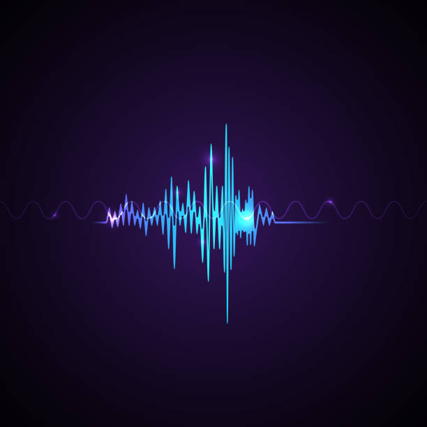 Voice recognition Vector illustration A sound symbol Abstract neon sound waves on violet background speech recognition stock illustrations