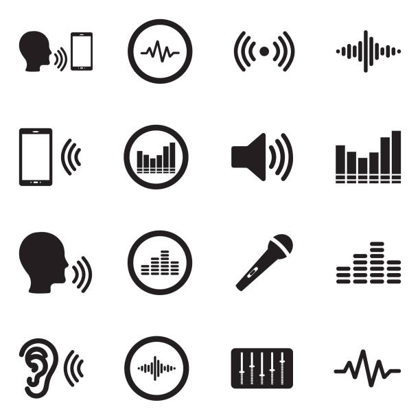Voiceover Icons. Black Flat Design. Vector Illustration. Voice, Sound, Recording, Device, Voiceover noise stock illustrations