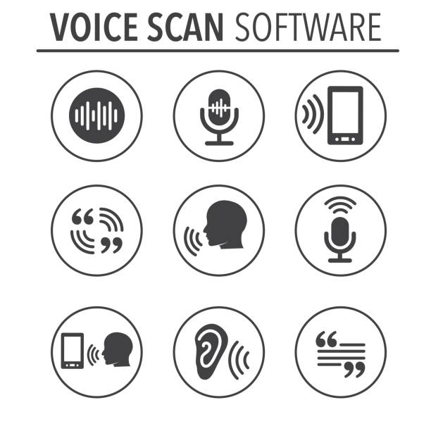 Voiceover or Voice Command Icon with Sound Wave Images Voiceover or Voice Command Icon with Sound Wave Images Set - solid speech recognition stock illustrations